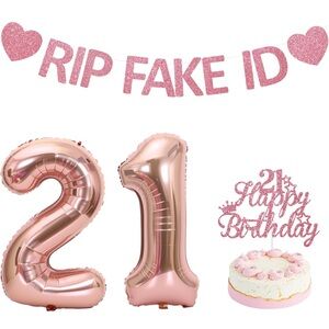 💜21st Birthday Rose Gold,RIP FAKE ID Banner,21st Cake Topper, 32" Foil #Balloons